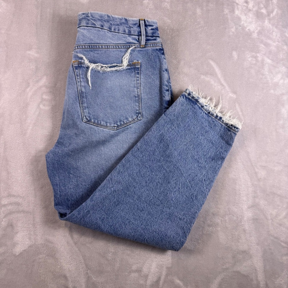 Good American High Rise Straight Leg Distressed Raw Hem Jeans Blue 12/31 GCP062T